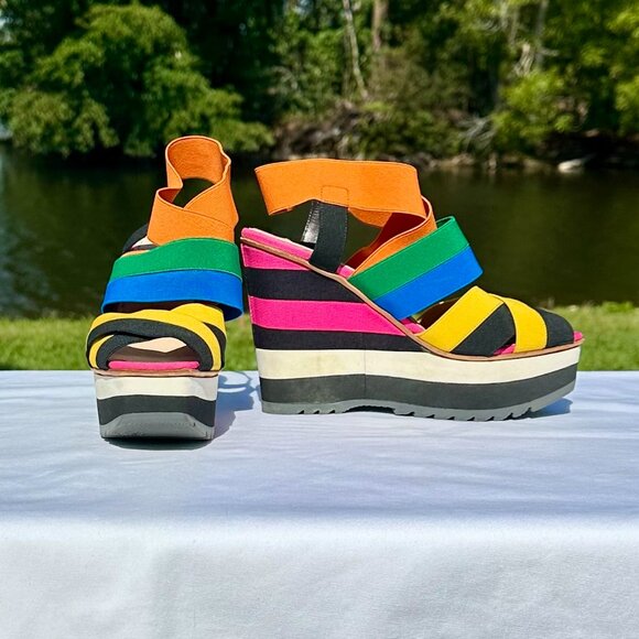 PRADA Peep Toe Platform Multi Strap Multi Color Bandage Slingback Wedge NEW 36 - Picture 1 of 13